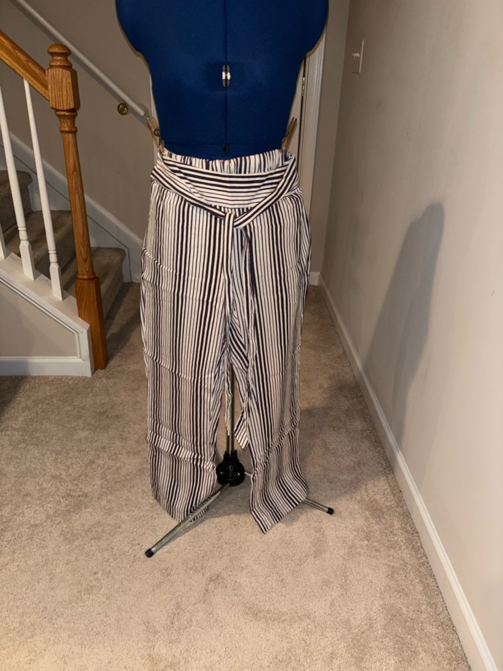 JM Collection Navy & White Striped Wide-Leg Tie-Waist Pants